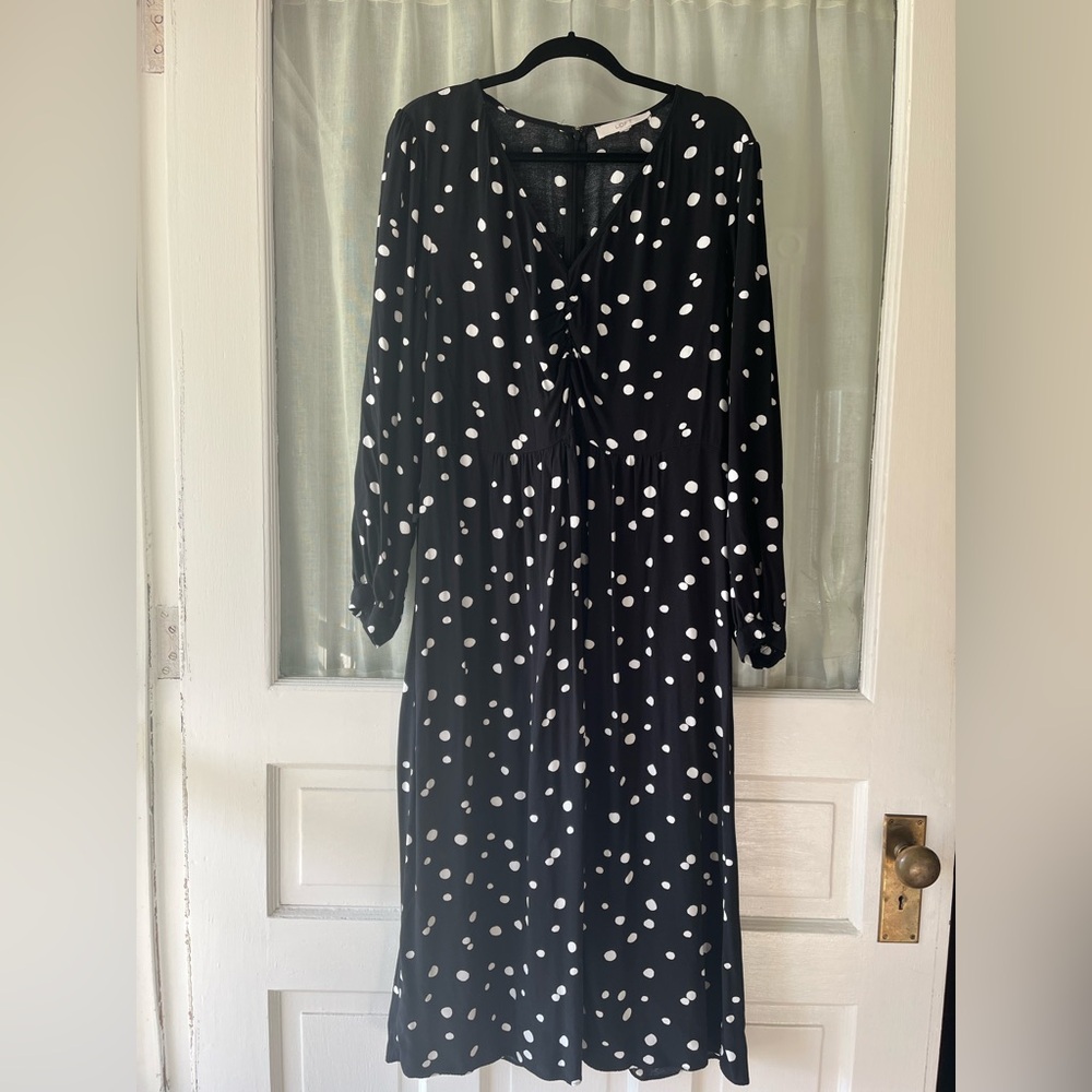 LOFT Sz 18 Black & White Polka Dot Ruched V-Neck Midi Dress Modest Career Preppy